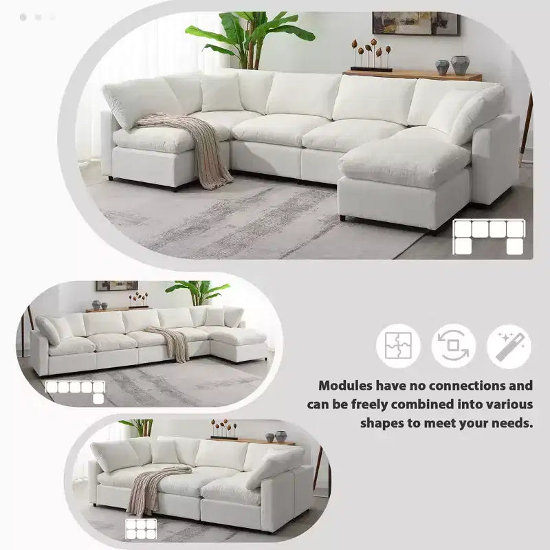 Divano letto modulare in ciniglia "Cloud" a 6 pezzi con pouf