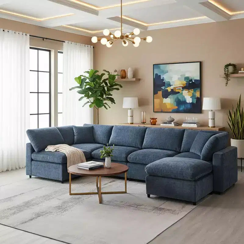 Divano letto modulare in ciniglia "Cloud" a 6 pezzi con pouf