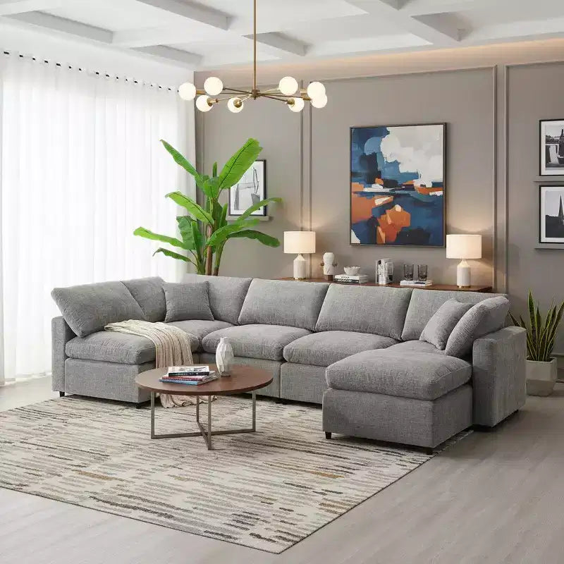 Divano letto modulare in ciniglia "Cloud" a 6 pezzi con pouf
