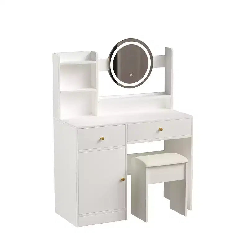 Toeletta con specchio illuminato a LED, tavolo da trucco moderno per camera da letto, 3 modalità di illuminazione e luminosità regolabile, armadietto e sgabello imbottito inclusi