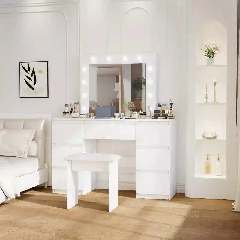 Toeletta con Specchio e Luci, 3 Modalità di Illuminazione a Colori, Tavolo da Trucco con 4 Cassetti Contenitori, Tavolo da Trucco per Camera da Letto