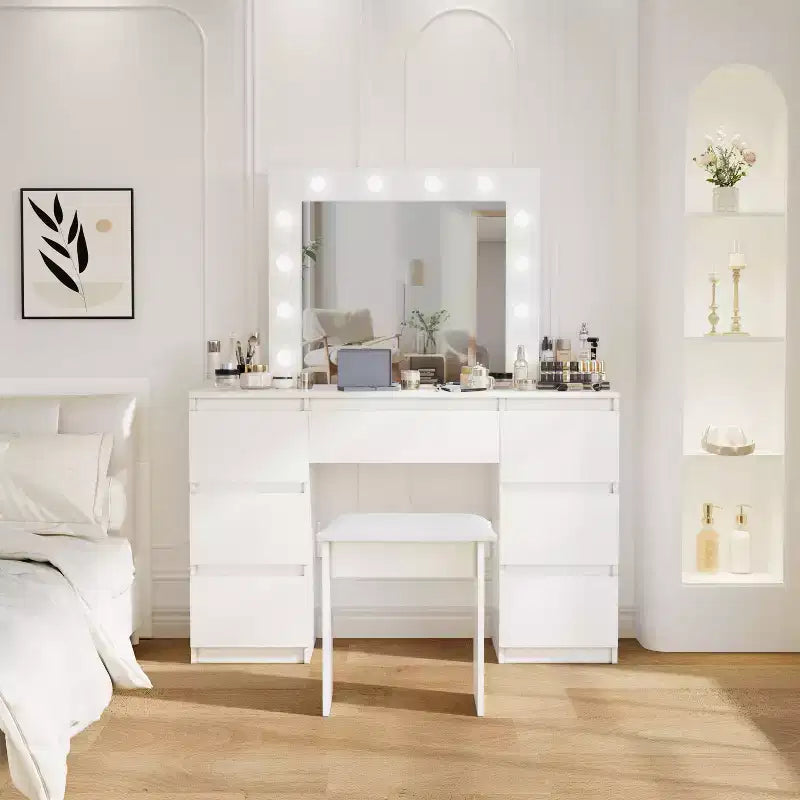 Toeletta con Specchio e Luci, 3 Modalità di Illuminazione a Colori, Tavolo da Trucco con 4 Cassetti Contenitori, Tavolo da Trucco per Camera da Letto