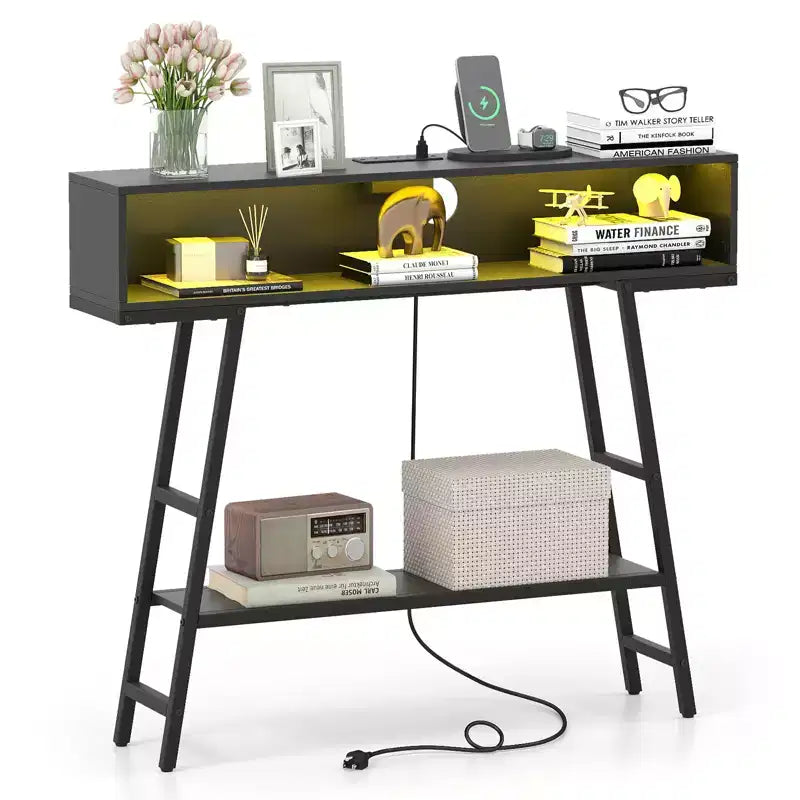 Tavolino Console da 40" con Ciabatta Elettrica, Tavolo d'Ingresso a 3 Livelli con Luci LED RGB, Nero