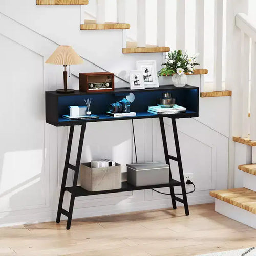 Tavolino Console da 40" con Ciabatta Elettrica, Tavolo d'Ingresso a 3 Livelli con Luci LED RGB, Nero