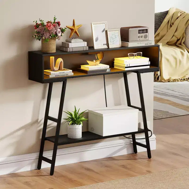 Tavolino Console da 40" con Ciabatta Elettrica, Tavolo d'Ingresso a 3 Livelli con Luci LED RGB, Nero