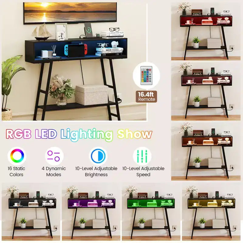 Tavolino Console da 40" con Ciabatta Elettrica, Tavolo d'Ingresso a 3 Livelli con Luci LED RGB, Nero