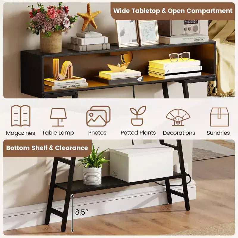 Tavolino Console da 40" con Ciabatta Elettrica, Tavolo d'Ingresso a 3 Livelli con Luci LED RGB, Nero