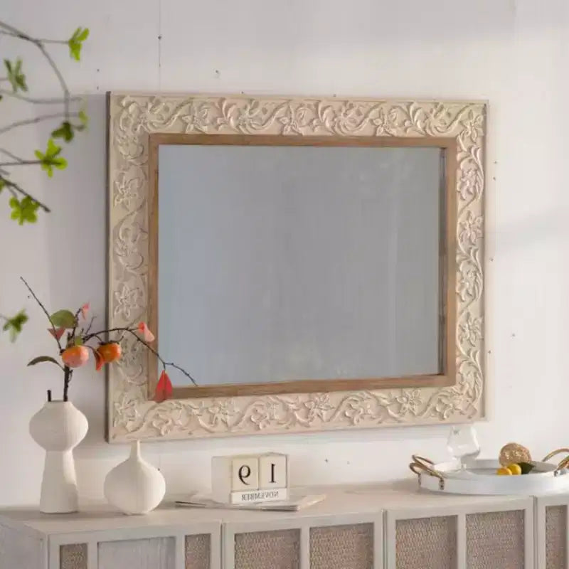 38 x 30 Vintage Rectangular Decorative Wall Mirror with Carved Pattern Frame, Wall-Mounted Mirror for Living Room or Entryway Dcor-Panipeachy