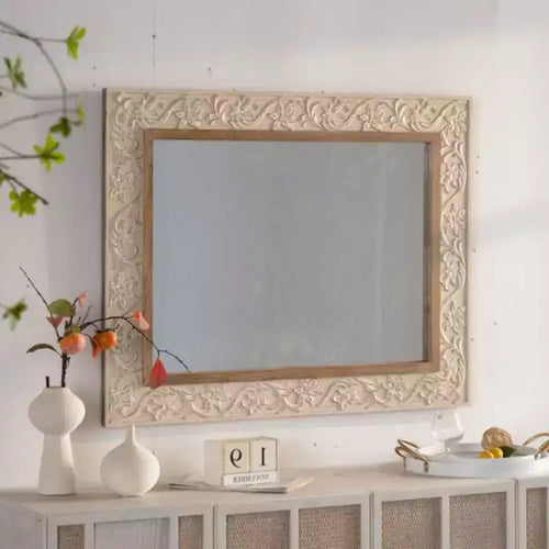 38 x 30 Vintage Rectangular Decorative Wall Mirror with Carved Pattern Frame, Wall-Mounted Mirror for Living Room or Entryway Dcor-Panipeachy