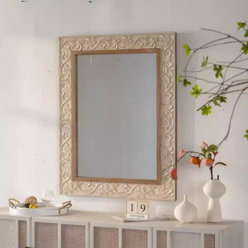 Specchio da Parete Rettangolare Decorativo Vintage 38 x 30 con Cornice a Motivo Intagliato, Specchio a Parete per Soggiorno o Ingresso