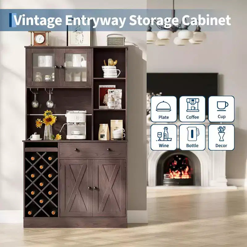Mobile bar da caffè con raffinate ante scorrevoli in stile fienile, credenza buffet con portabottiglie, mobile contenitore per cucina, sala da pranzo