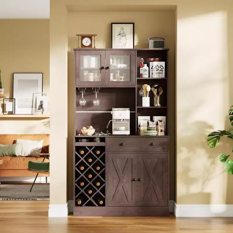 Mobile bar da caffè con raffinate ante scorrevoli in stile fienile, credenza buffet con portabottiglie, mobile contenitore per cucina, sala da pranzo