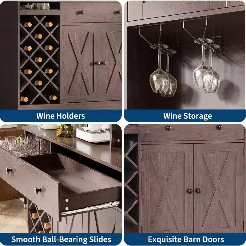 Mobile bar da caffè con raffinate ante scorrevoli in stile fienile, credenza buffet con portabottiglie, mobile contenitore per cucina, sala da pranzo