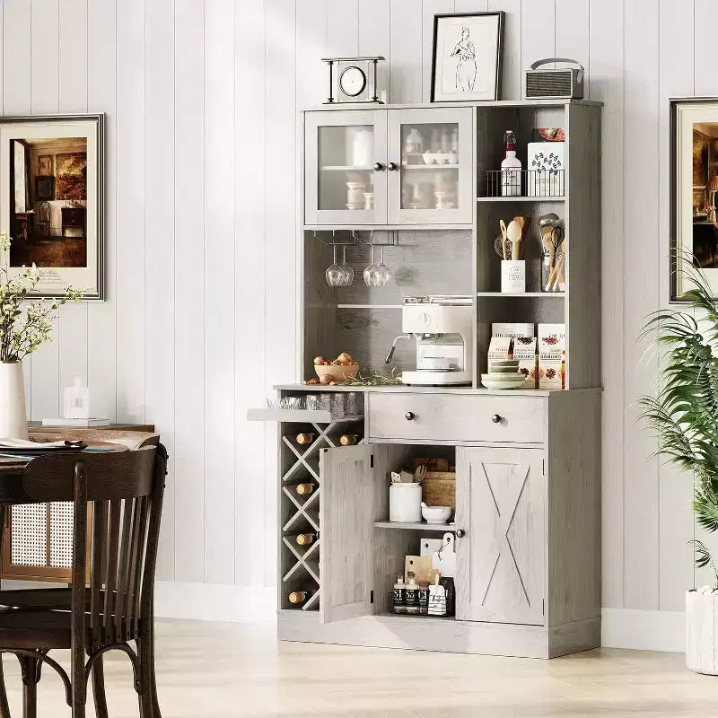 Mobile bar da caffè con raffinate ante scorrevoli in stile fienile, credenza buffet con portabottiglie, mobile contenitore per cucina, sala da pranzo