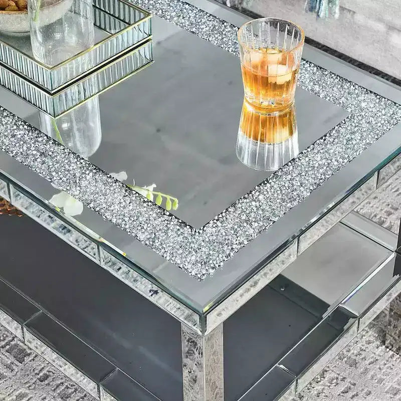 Tavolino Moderno da Caffè a 2 Strati in Cristallo con Cornice in Acciaio Inox e 4 Gambe a Specchio in Acciaio Inox per Casa Ufficio Soggiorno