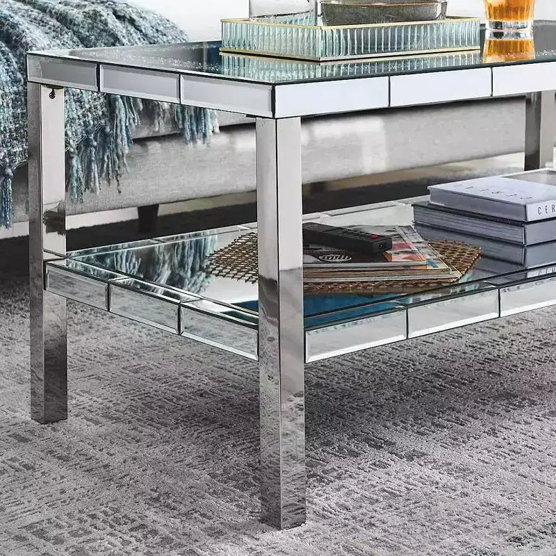 Tavolino Moderno da Caffè a 2 Strati in Cristallo con Cornice in Acciaio Inox e 4 Gambe a Specchio in Acciaio Inox per Casa Ufficio Soggiorno
