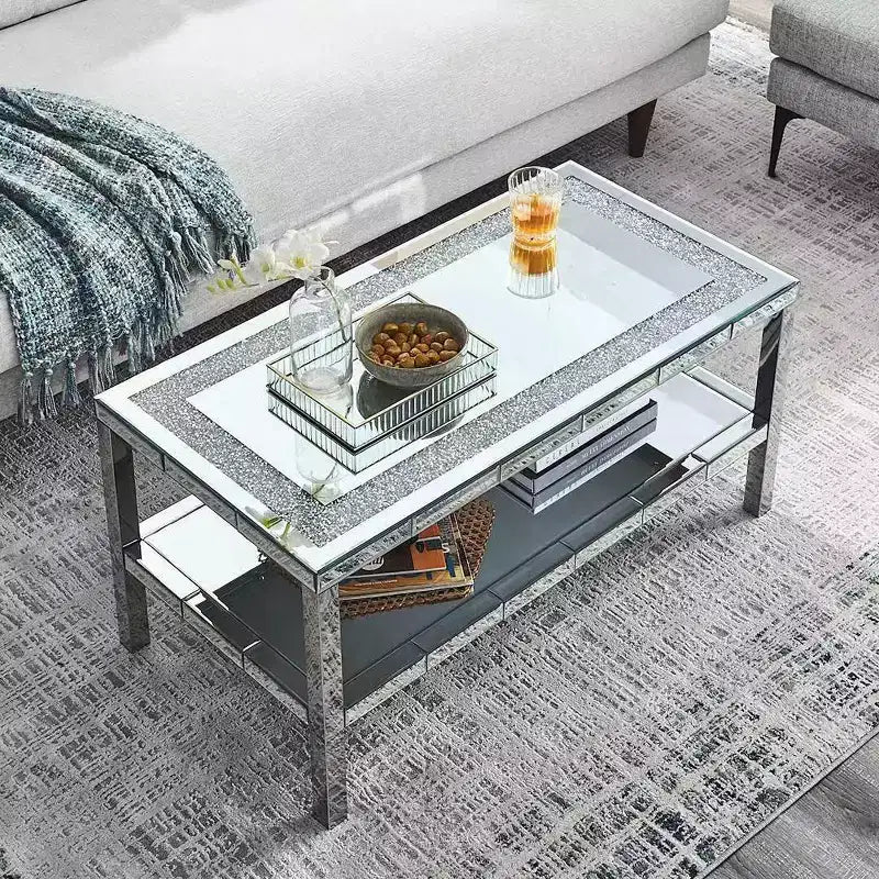 Tavolino Moderno da Caffè a 2 Strati in Cristallo con Cornice in Acciaio Inox e 4 Gambe a Specchio in Acciaio Inox per Casa Ufficio Soggiorno