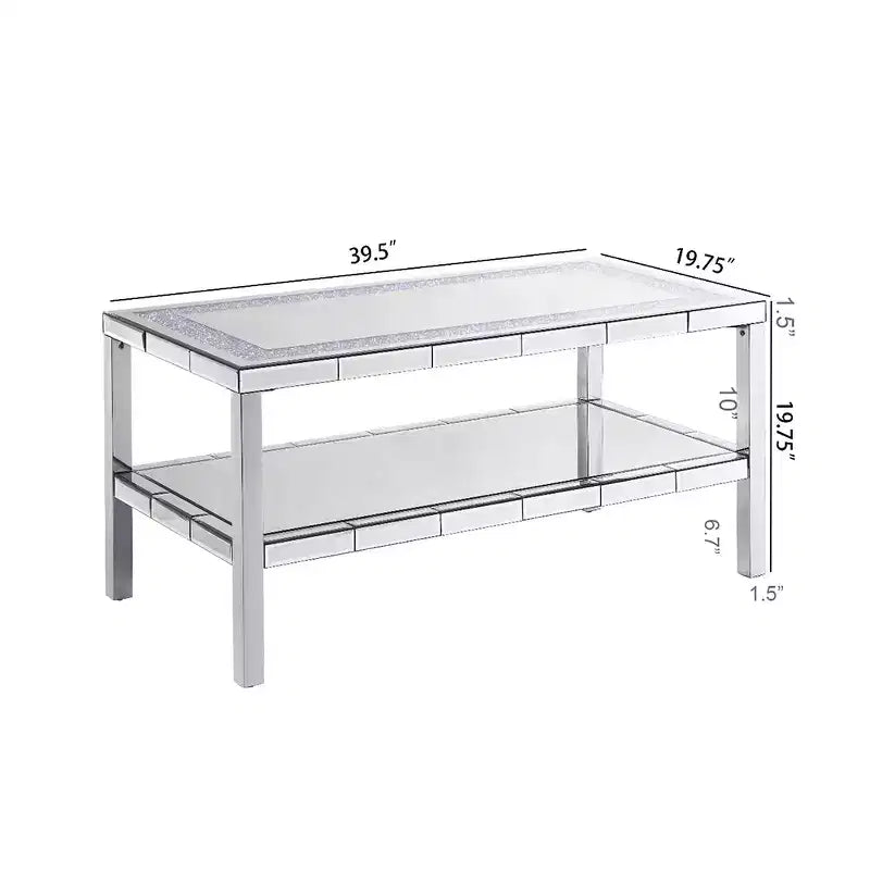 Tavolino Moderno da Caffè a 2 Strati in Cristallo con Cornice in Acciaio Inox e 4 Gambe a Specchio in Acciaio Inox per Casa Ufficio Soggiorno