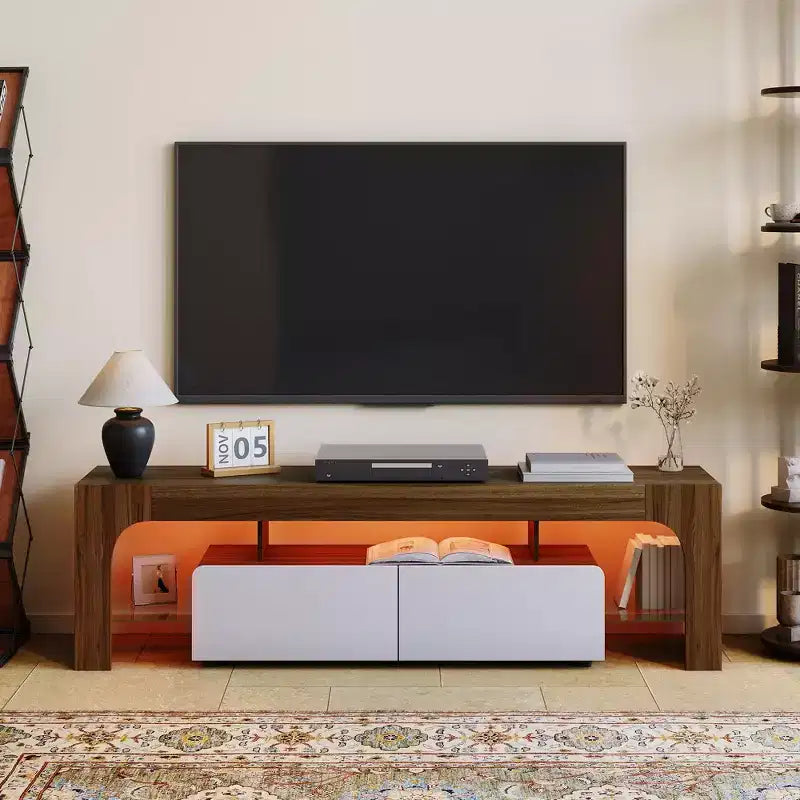 Modern LED TV Stand for TVs up to 70 Inch C White Wooden Entertainment Console with RGB Lighting, 2 Drawers, Adjustable Transparent Shelves