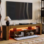 Mobile porta TV LED moderno per TV fino a 70 pollici, consolle in legno bianco con illuminazione RGB, 2 cassetti, ripiani trasparenti regolabili