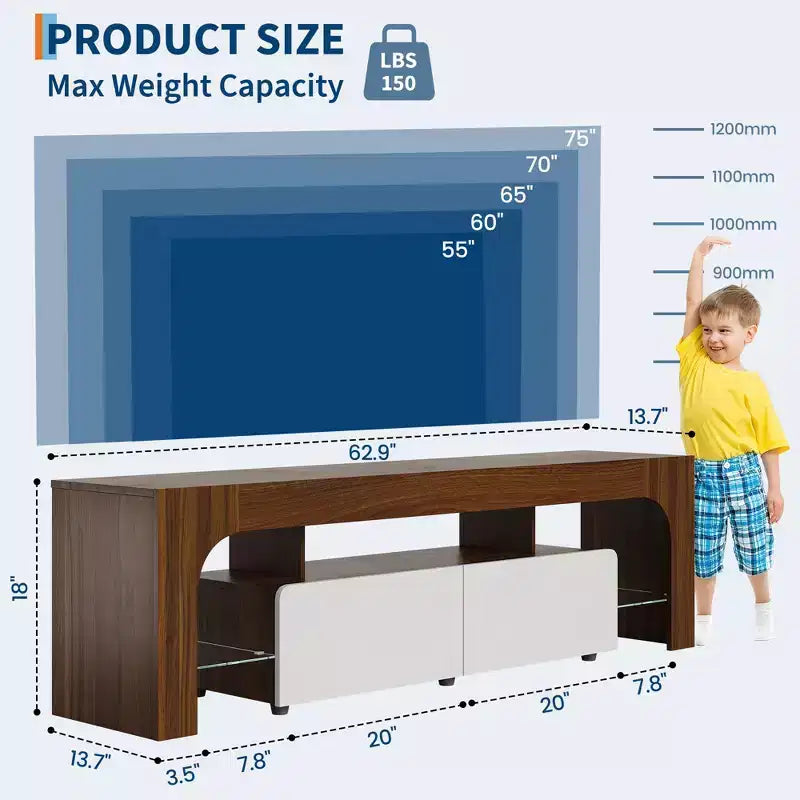 Mobile porta TV LED moderno per TV fino a 70 pollici, consolle in legno bianco con illuminazione RGB, 2 cassetti, ripiani trasparenti regolabili