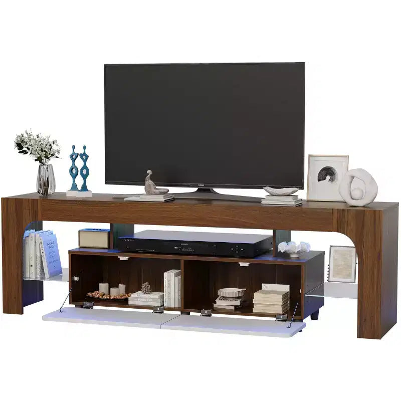 Mobile porta TV LED moderno per TV fino a 70 pollici, consolle in legno bianco con illuminazione RGB, 2 cassetti, ripiani trasparenti regolabili