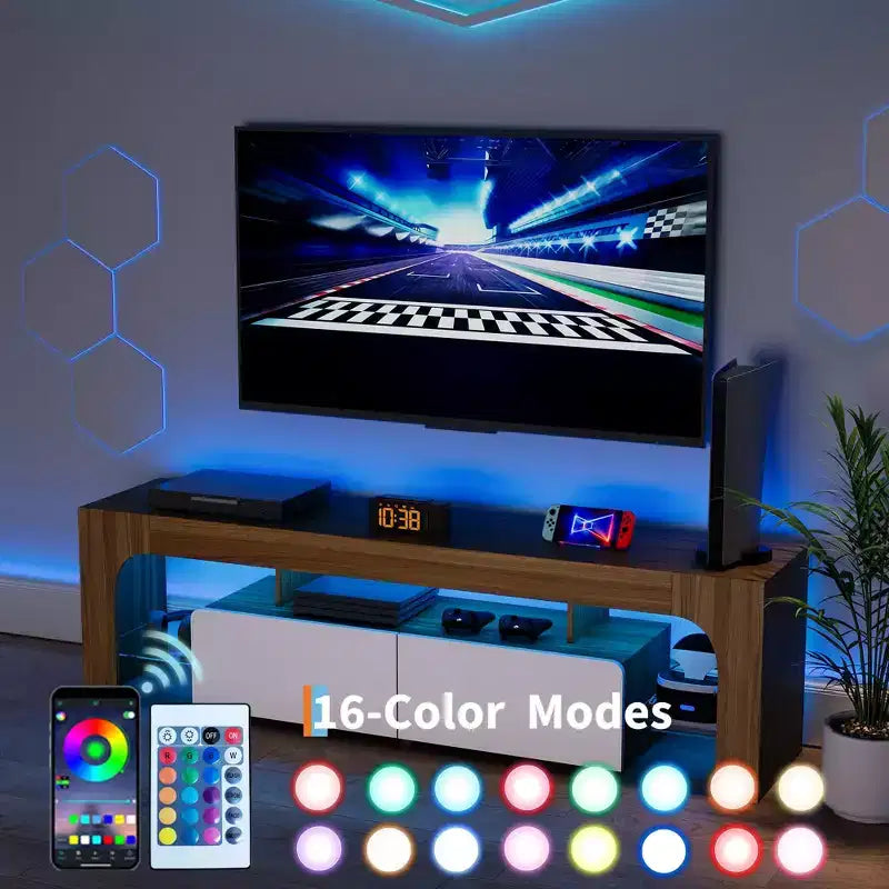 Mobile porta TV LED moderno per TV fino a 70 pollici, consolle in legno bianco con illuminazione RGB, 2 cassetti, ripiani trasparenti regolabili