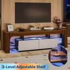 Mobile porta TV LED moderno per TV fino a 70 pollici, consolle in legno bianco con illuminazione RGB, 2 cassetti, ripiani trasparenti regolabili