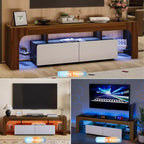 Mobile porta TV LED moderno per TV fino a 70 pollici, consolle in legno bianco con illuminazione RGB, 2 cassetti, ripiani trasparenti regolabili