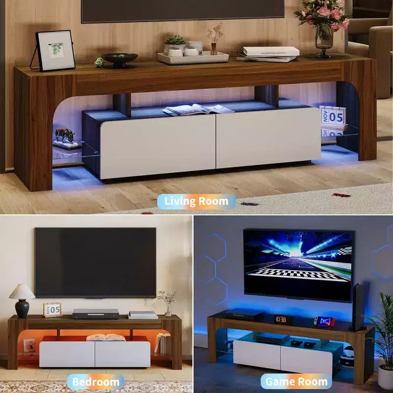 Mobile porta TV LED moderno per TV fino a 70 pollici, consolle in legno bianco con illuminazione RGB, 2 cassetti, ripiani trasparenti regolabili