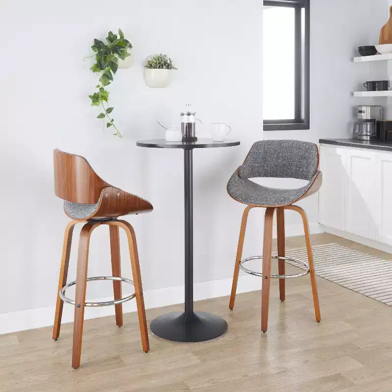 Sgabelli Fabrizzi Noce/Cromo/Grigio: Design Moderno di Metà Secolo, Altezza Fissa 74 cm, Girevoli, Poggiapiedi
