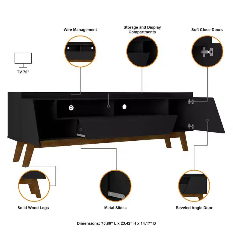 Mobile TV Marcus Mid-Century Modern con 4 ripiani per TV fino a 70", Gestione cavi