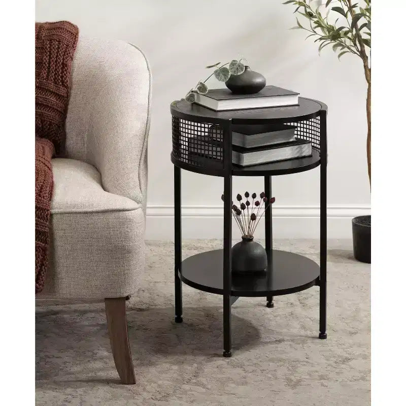 Tavolino rotondo Urso in legno e metallo, 16x15x25, nero