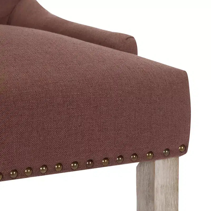 Sgabello da bancone con schienale a orecchioni rivestito in lino, con bottoni trapuntati, marrone, 24 pollici