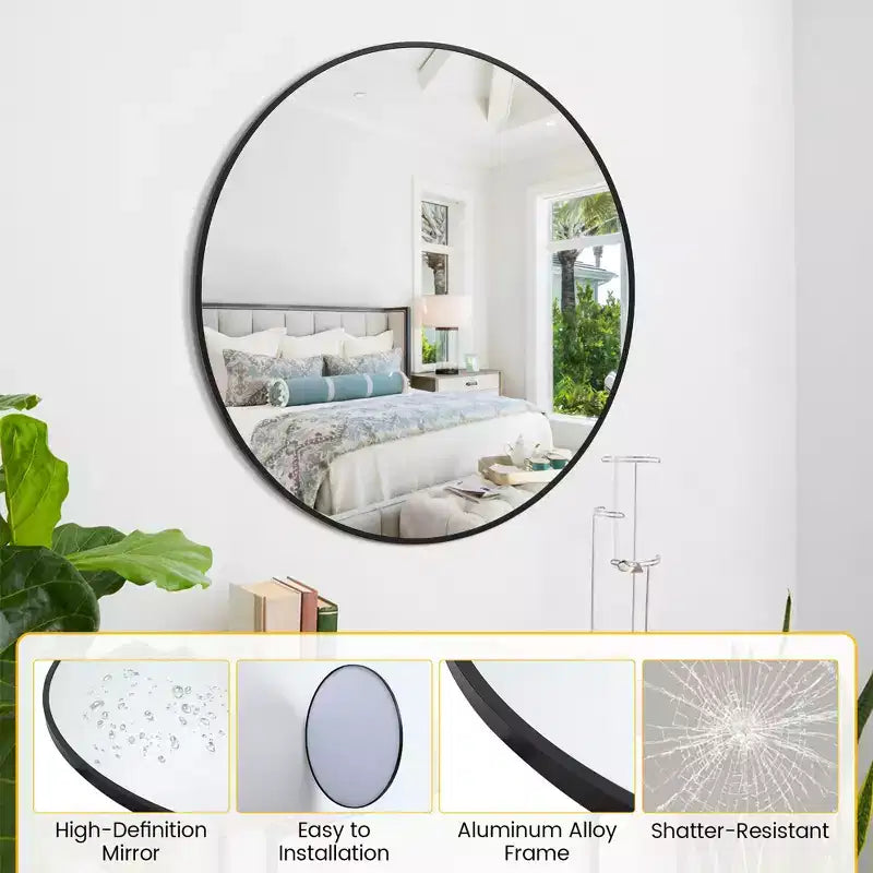 Specchio Rotondo, Specchio Circolare, Specchio Rotondo con Cornice in Metallo Nero per Parete, Specchio Rotondo per Bagno, Ingresso, Camera da Letto, Toeletta