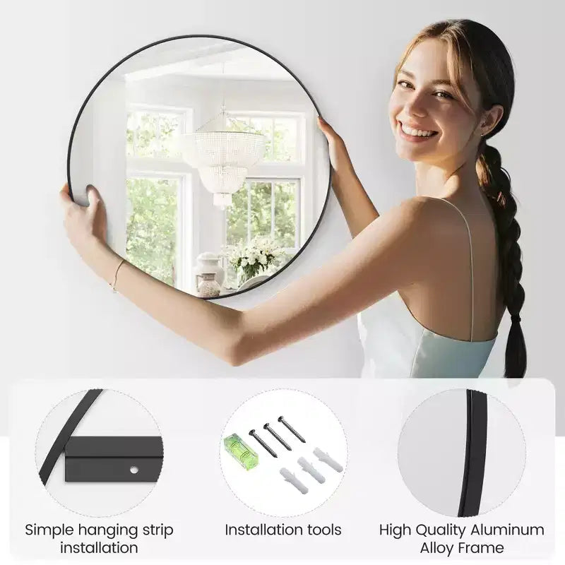 Specchio Rotondo, Specchio Circolare, Specchio Rotondo con Cornice in Metallo Nero per Parete, Specchio Rotondo per Bagno, Ingresso, Camera da Letto, Toeletta